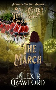 The Time Writer and The March book cover. Woman walking towards time portal